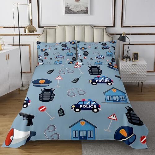 Police Car Quilted Coverlet Policeman Vehicle Bedspread Queen for Kids Teens Boys Cute Cartoon Cars Print Decor Bedding Set Rescue Vehicles Bedroom Coverlet Sets 3 Pieces
