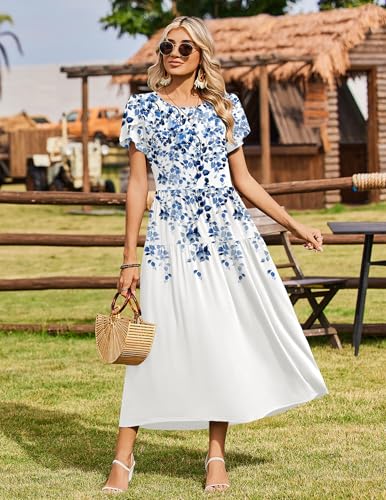 Image of Zeagoo Summer Dresses for Women 2026 Maxi Bohemian Floral Short Sleeve Long Dress Casual Flowy Tired Beach Sundress