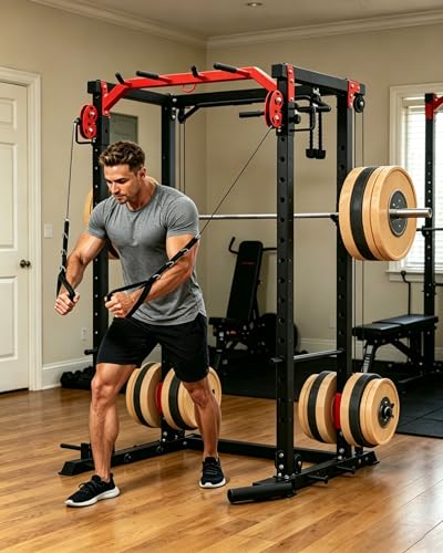 Image of Power Cage, Power Rack with Cable Crossover System, 2000LBS Squat Rack with LAT Pull Down System, Workout Cage with Pulley System for Fitness Home Gym Strength Training (Red&Black)