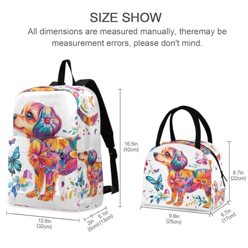 Backpack Lunch Bag Set Floral Dog Print, Big Storage Travel Backpacks with Insulated Lunch Box for Office Hiking Picnic2