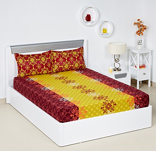 Bombay Dyeing Blumen 104 TC Cotton Double Bedsheet with 2 Pillow Covers – Yellow
