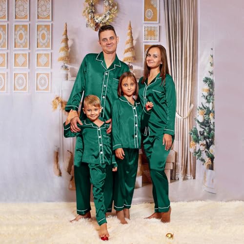 Family Christmas Pajamas Matching Sets Silk Satin Button Long Sleeve Pant Sleepwear Loungewear Set Plus Size4