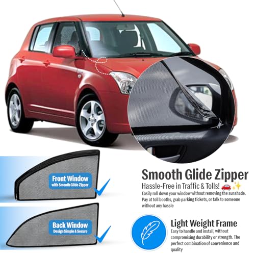 Image of Autofact Magnetic Car Sunshades Compatible with Maruti Swift (2005 to 2010) (Set of 4) - Easy Installation, UV Protection, Keeps Car Cool (Front 2 with Zippers, Rear 2 Without Zippers)