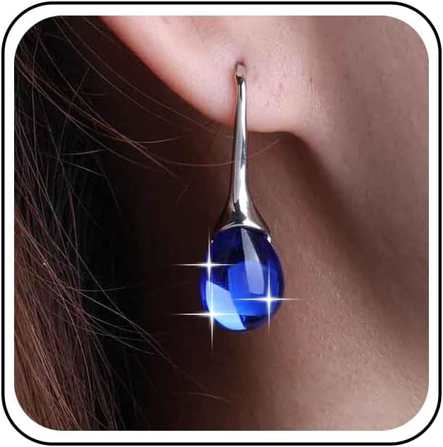 Vintage Sapphire Teardrop Earrings Silver Blue Crystal Earrings Oval Blue Rhinestone Dangle Hook Earrings Pear Sapphire Cz Drop Earrings Jewelry for Women