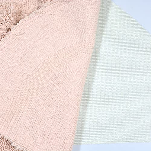 Half Circle Boho Bathroom Rug With Tassels 100% Cotton Hand-Woven Bath Mat Non Slip Absorbent Bath Rugs With Rug Pad Washable Boho Bath Mat Carpet For Tub, Shower 20"X32",Pink #TOP3