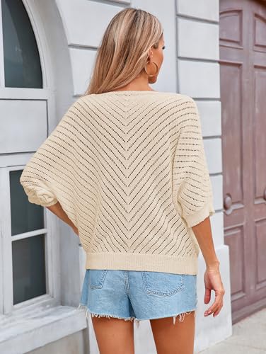 Image of Libsorge Womens Sexy V Neck 3 /4 Sleeve Sweater Spring 2025 Trendy Dressy Casual Outfits Lightweight Crochet Knit Pullover Top