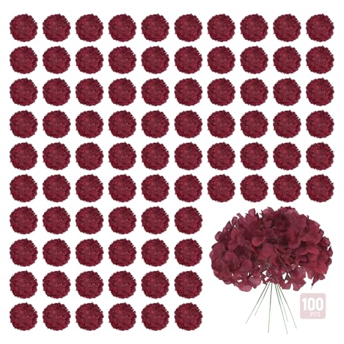 Pesonlook 100Pcs Hydrangeas Artificial Flowers Burgundy Silk Fake Hydrangeas Flowers Heads with Stems Full Hydrangeas Flowers for Wedding Centerpieces Party Arch Home Garden Festival Decoration