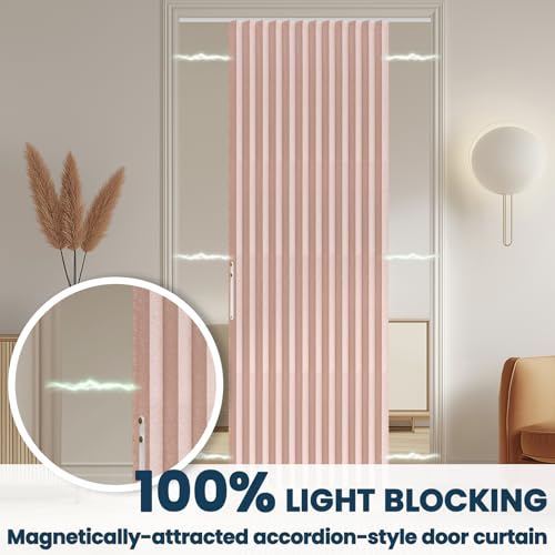 Image of AJAZZ 100% Blackout Accordion Door Invisible Folding Doors Accordion Doors Interior Magnetic Door Curtain for Glass Window Sets Included Tracks (1 Pack, 72W x 79 L, Pink)