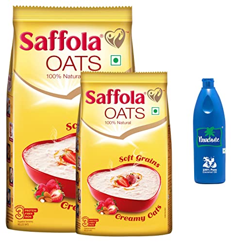 Image of Saffola Oats | Rolled Oats | Delicious Creamy Oats | 100% Natural | High Protein & Fibre | Healthy Cereal for weight loss | 1Kg with 400g Free & Parachute Coconut Oil - 100 ml (Bottle)