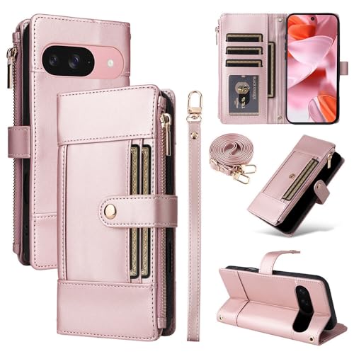 Housse cuir Google Pixel 10 Pro XL or rose chic avec fonction support et fermeture aimantée