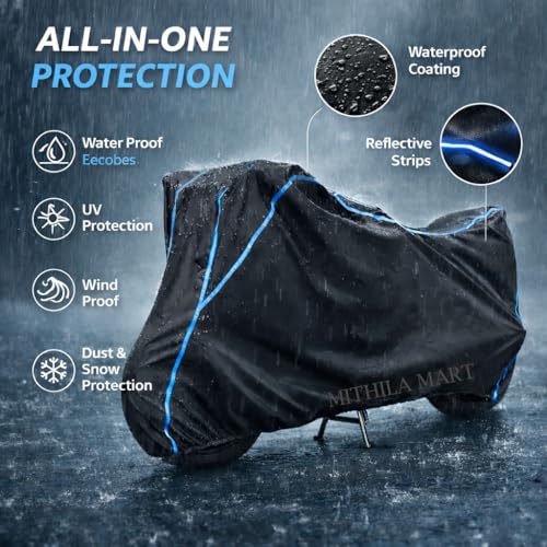 Image of Compatible with TVS Apache RTR 180 Waterproof Two Wheeler Bike Body Cover Water Resistant, Heavy Duty, UV Rays, Dust & Scratch Protection for All-Modal & Variants (Black,Sky Blue Piping)
