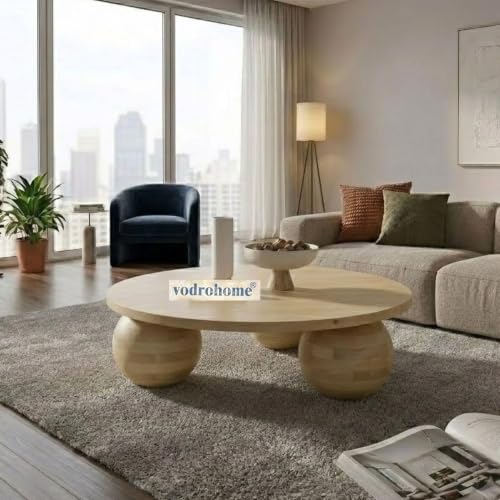 Image of Solid Mango Wood Modern - Round Coffee Table with Ball Shape Base - Bohemian Solid Wood Coffee Table for Office and Living Room C#058 (Natural)