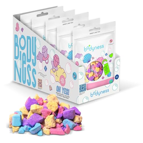 BODYNESS Sales de baño Sugar Rush Pack de 5-5 sales de baño de 300g con 4 capas de color - Con aroma a algodón de azúcar y manteca de cacao - Morado, azul, amarillo y rosa