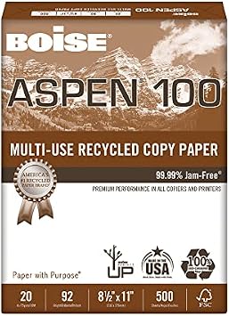 Boise ASPEN 100 Multi-Use Printer & Copy Paper, 1 Ream, White, Letter (8.5 x 11), 500 Sheets Per Ream, 20 Lb, 92 Bri
