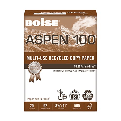 BoiseÂ® ASPENÂ® 100 Multi-Use Printer & Copy Paper, 1 Ream, White, Letter (8.5\" x 11\"), 500 Sheets Per Ream, 20 Lb, 92 Bri