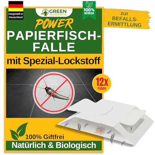 GREEN GUARDIA Papier Falle mit Pheromon-Lockstoff - 12x Fallen - umweltfreundlich Papierfische bekämpfen, Chemiefreie Pheromonfalle mit austauschbaren Klebeflächen, giftfrei