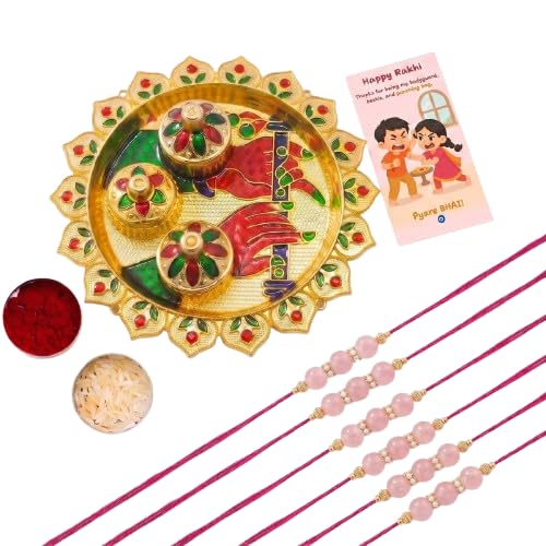 Image of Pink Beaded Rakhi for Brother with Greeting Card, Roli Chawal | Premium Pearl Stone Designer Rakhi | Raksha Bandhan Gift for Brother