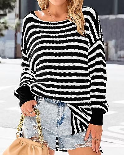 KIRUNDO Women's 2026 Fall Winter Oversized Long Sleeve Striped Sweater Casual Crewneck Side Split Pullover Knit Tops(Black, Small) — view 4