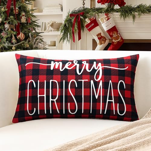 Image of Artscope Red Black Buffalo Check Plaid Christmas Lumbar Cushion Cover 30x50 cm for Xmas Decorations Merry Christmas Throw Pillow Covers Winter Holiday Cushion Case Decoration for Sofa Couch