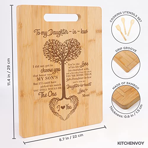 Kitchenvoy Daughter-In-Law Tree Heart ​Laser Engraved Bamboo Cutting Board Gift Set With Utensils - Best Christmas, Birthday Gifts For Daughter-In-Law From Mother-In-Law - 11.4"X8.6"X0.5" #TOP1