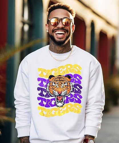 Olive Loves Apple Tigers Purple and Gold Unisex Sweatshirt for Adults and Kids Tiger Mascot Team Spirit Sweater2