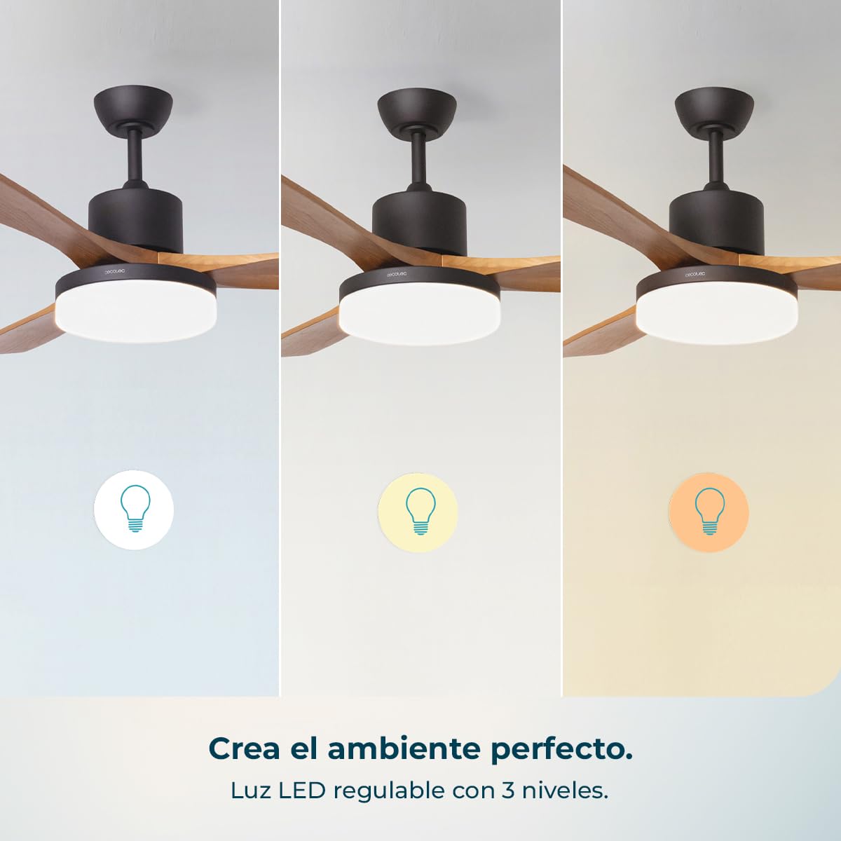 Cecotec Ventilador de Techo con Luz EnergySilence Aero 520 Willow. 30W, Motor DC, Diámetro 52” (132cm), 3 Aspas, 3 Tonos LED, Mando a Distancia, Temporizador y 6 Velocidades, Modo Winter-Summer | Fernbedienung, 6 Geschwindigkeitsstufen, Sommer-/Winterfunk