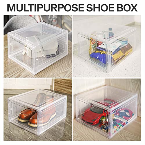 Tvkb Large Clear Shoe Organizer Boxes Stackable Shoe Storage Sturdy Hard Plastic Shoe Box With Magnetic Front Door For Closet, Easy Assembly, Fit Up To Size 12(13.4"*10.6"*7.4) #TOP4