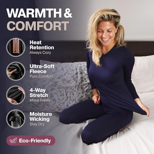 Image of Thermajane Long Johns V Neck Thermal Underwear for Women Fleece Lined Base Layer Pajama Set Cold Weather (White, 2X-Large)