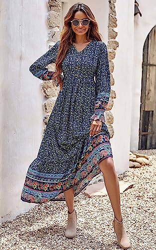 PRETTYGARDEN Long Sleeve Maxi Dress for Women V Neck Casual Button Down Boho Long Floral Dresses
