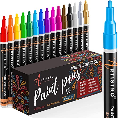 ARTISTRO Paint Pens for Rock Painting, Stone, Ceramic, Glass, Wood, Porcelain, Mugs, Metal, Fabric, Canvas. Set of 15 Quick Dry, Permanent, Waterproof and Oil Based Paint Markers Fine Tip