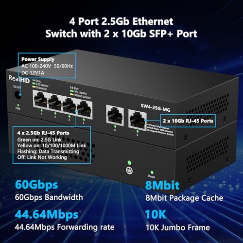 Image of 10Gb RJ-45 Ethernet Network Switch Web Managed, 2 x 10Gb RJ45 Ports, 4 x 2.5Gb Base-T Ports | Multi Gigabit Switch 1G / 2.5G | 60G Bandwidth | Fanless Metal Internet Switch for Wireless AP, NAS, PC