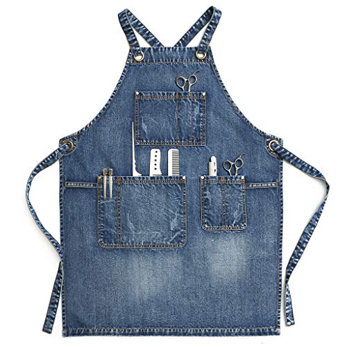 Jeanerlor Denim Hair Stylist Apron With Pockets for Women Acid Washed Jean Work Tool Aprons Cross Back for Hairstylist (Denim Blue) Adjustable S to L