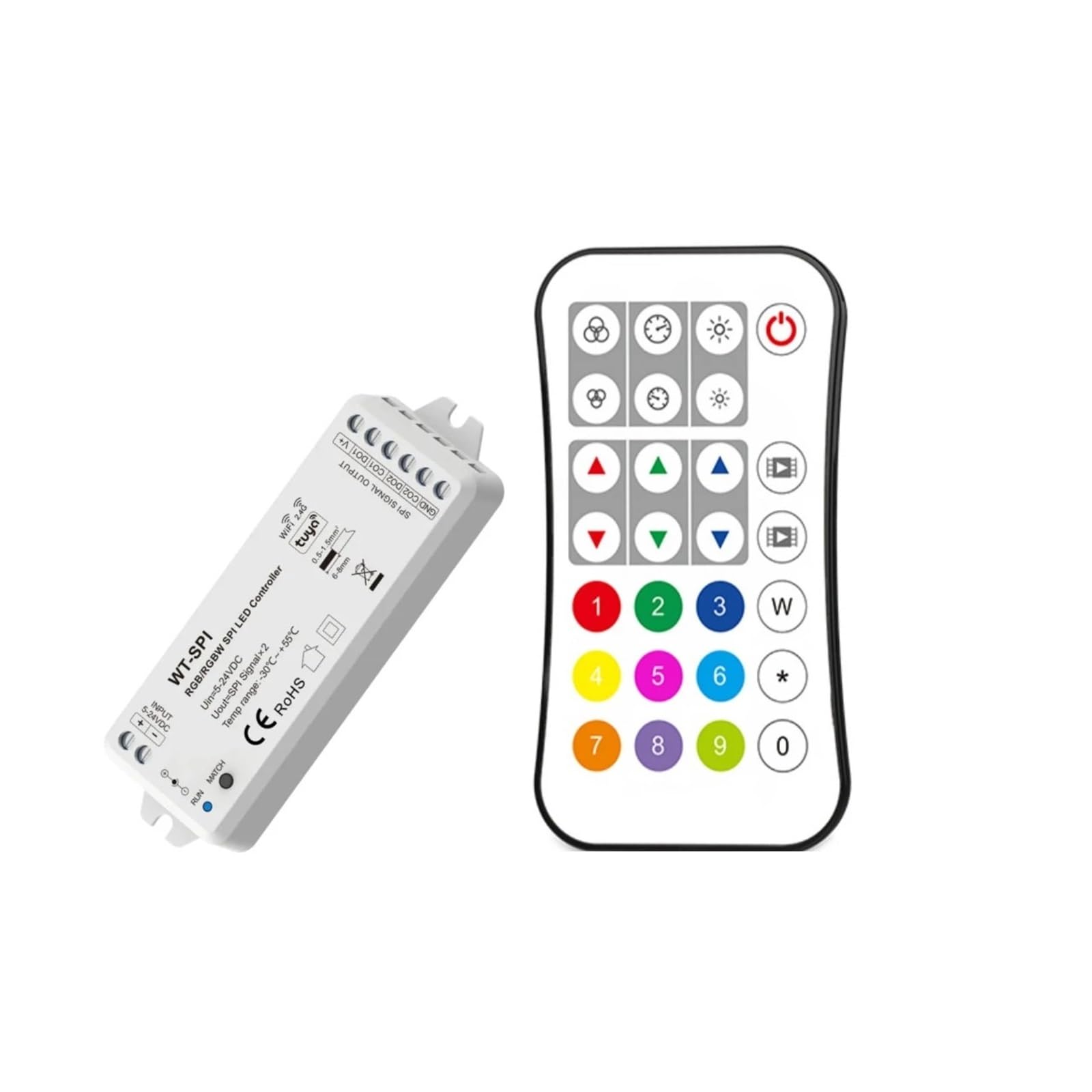 WT-SPI Tuya 5V-24VDC 12V 2.4G RF SPI LED Wifi Controlador R9 Control remoto para WS2811 WS2812 WS2815 UCS1903 Pixel RGB/RGBW Tira de luz LED (Color: WT-SPI y R9 Negro)