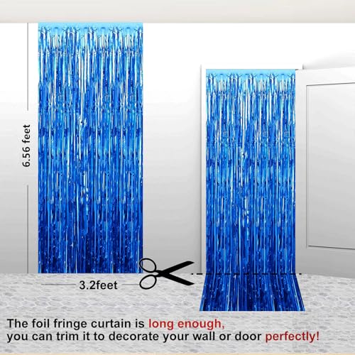 Image of 2 Pack 3.28 ft x 6.56 ft Blue Tinsel Curtain Party Backdrop Decorations, Metallic Foil Fringe Backdrop Door for Halloween, Christmas, Birthday Graduatio