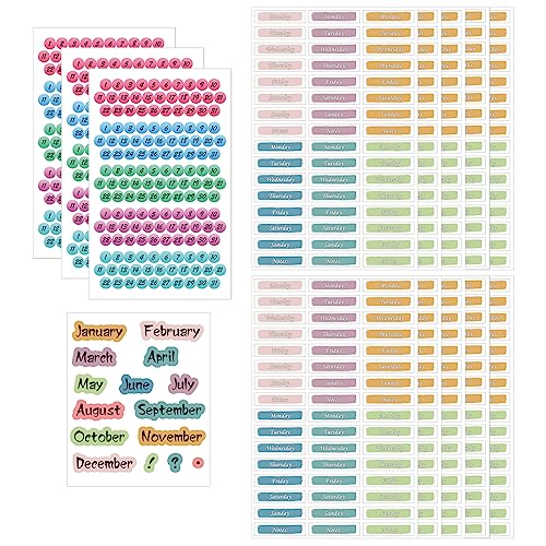 Day Week Month Calendar Stickers Set Day of The Week Month Stickers Planner Number Sticker Foiled Date Dots Stickers Colorful Calendar Stickers Monday to Sunday Planner Stickers for Journal Calendar Planner Notebooks, 14 Sheets
