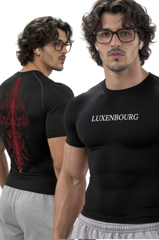 luxenbourg Mens Gym Back Print Compression T-Shirt | Polyester Half Sleeve Sports Wear and Rash Guard for Training Workout and Athletic Activewear | Black-picture-32