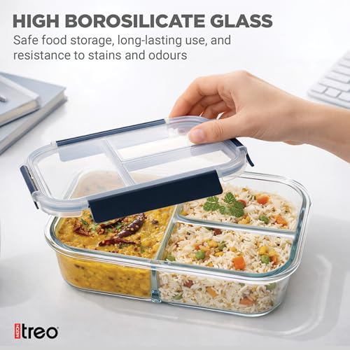 Image of Treo by Milton Clip Fresh Rectangle 3-Compartment Glass Container 1000 ml| High Borosilicate Glass | Airtight & Leak-Proof | Microwave & Fridge Safe | Ideal for Meals, Snacks & Fruits, Transparent