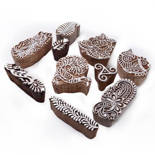 Image of Hashcart | Set of 10 | Wooden Multi Shape Floral Design Printing Stamps for Scrapbooking | Handcarved Blocks for Project Making | Henna Mehndi | Kids & Art Project | Fabric Textile | Pottery Craft