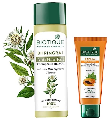 Biotique Bio Papaya Revitalizing Tan-Removal Scrub, 100g & Bhringraj Fresh Growth Therapeutic Oil, 200ml