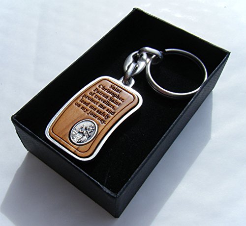 Photo de Sports - Porte-clés St Christophe en bois d'olivier véritable avec cadre en métal et boîte cadeau