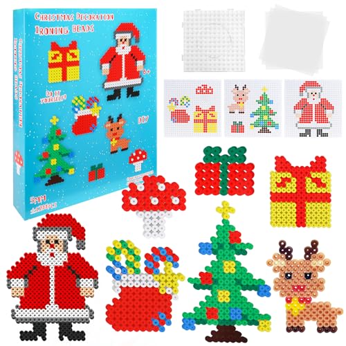 Set Cuentas de Planchar 5 mm Navidad, 1200 Piezas Perlas de Planchar Navidad con 7 Patrones, Christmas Fuse Beads Set, Creativo Manualidades de Cuentas para Plancha Regalo para Niños (Azul)