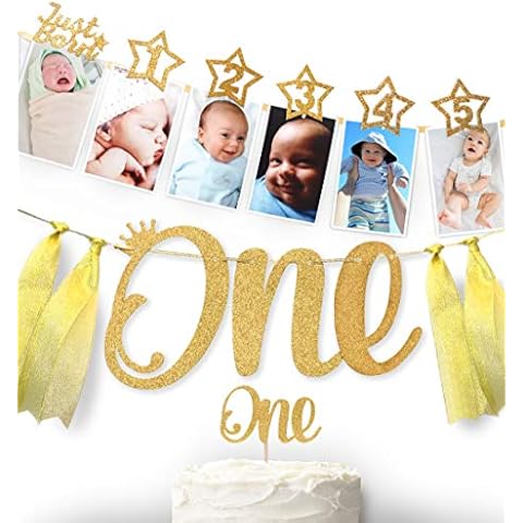 1st Birthday 12 months Photo Banner, Cake Topper, Highchair One Garland. Newborn to 1 Year old Monthly Milestone Picture, Baby Boy & Girl First Gold Decorations Party Supplies Cover