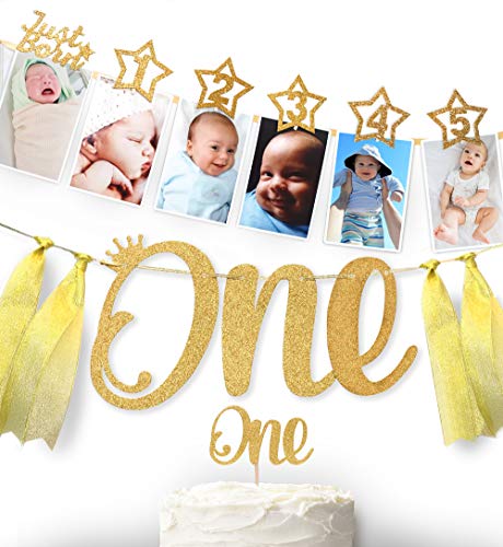 1st Birthday Milestone Photo Banner for Newborn to 12 Months, Cake Topper & Highchair Banner. Gold G - //coolthings.us