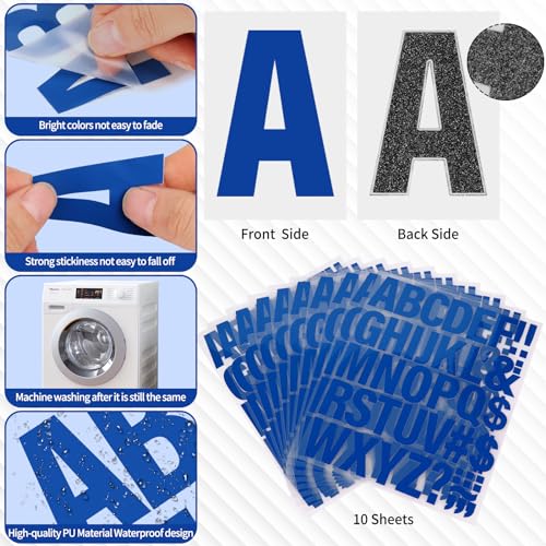 Image of 10 Sheets 440 Pieces Iron on Letters for Clothing, 2 Inch Heat Transfer Letters, Blue Iron on Vinyl Letters with A-Z PU Alphabets Sticker for Fabric, Jersey T-Shirt Printing DIY Craft