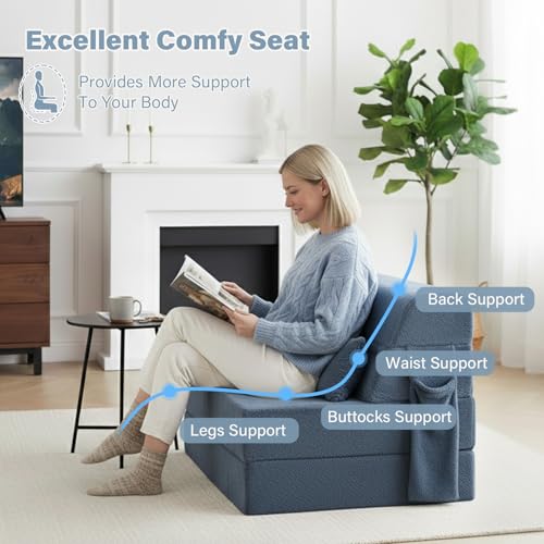 Image of Tiita Convertible Folding Sofa Bed Single Size for Adults with Pillow, Plush Fabric Floor Mattress Couch Bed, Washable Cover & Side Pocket, Guest Room, Dorm, Apartment, Living Room, Blue Gray
