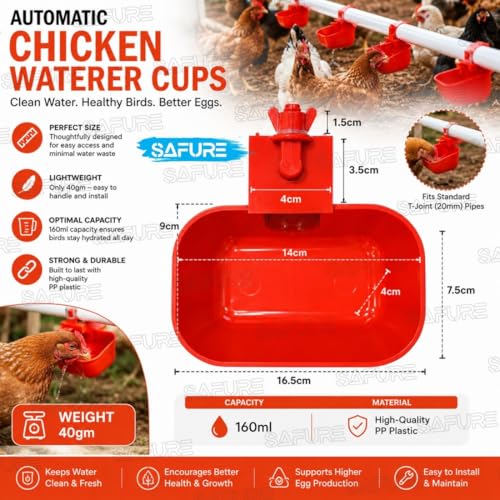Image of Automatic Chicken Waterer Cups (Pack of 2) | Large Poultry Drinkers | Universal T-Joint Compatible Water Feeder for Chickens, Ducks, Geese, Pigeons & Birds | Easy-Clean Plastic Chicken Waterer Set