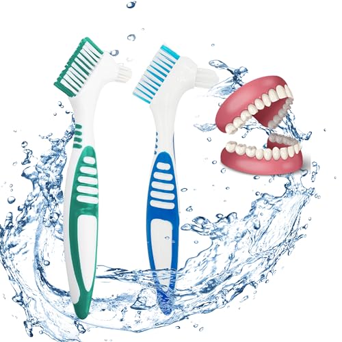 FloraVigo   Juego de 2 cepillos de dientes para dentaduras postizas, mini cepillo de dientes, cabezal de cepillo de doble ángulo, cepillo de limpieza de prótesis ergonómico portátil (Blue+Green)