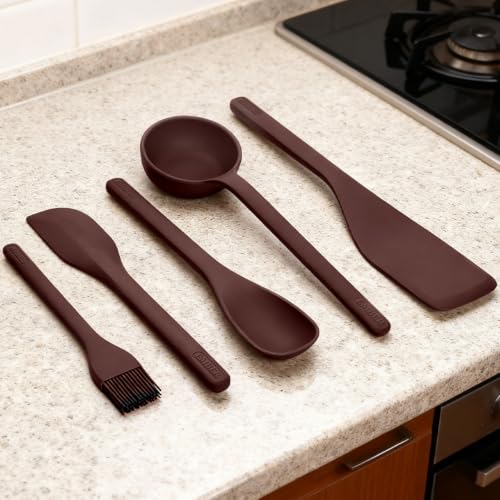 Image of Ember Cookware Silicone Kitchen Tool Set of 5 - Ladle, Brush, Flip, Stir & Scraper | 230C Heat Resistant | Platinum Grade Silicone- Food Safe | Non Scratch Seamless Unibody Design | Wine