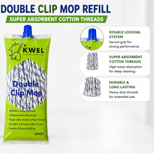 Image of KWEL Double Clip Cotton Mop Heavd 6 Inch, 300 GM | Super Absorbent Wet Mop Head Refill for Home, Office & Kitchen Cleaning | Durable Cotton Threads | Pack of 1(Blue & White)