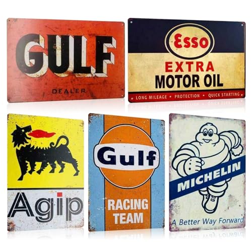 Lot de 5 Garage Plaque Metal Vintage Decoration - Atelier Panneau Pancarte Deco Murale - Retro Américaine Voiture Gas Station Cave Publicitaire 20x30cm (SET C)